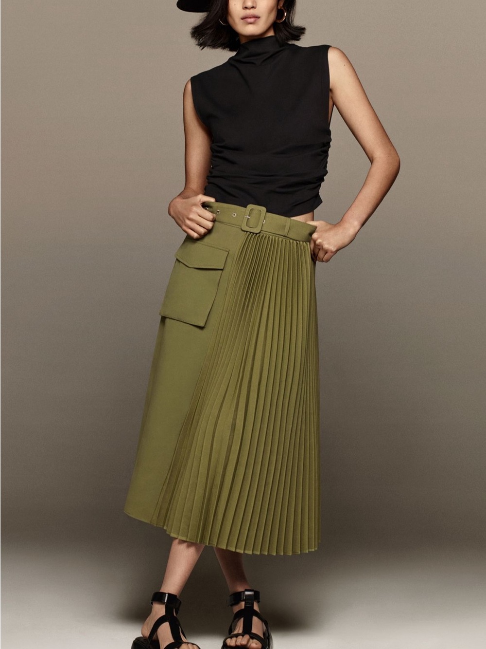 NWT Anthropologie Olive Green Pleated Midi Skirt with Belt - Picture 6 of 8